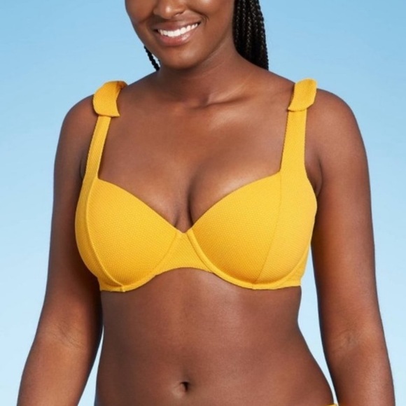 NWOT Shade & Shore Light Lift Shoulder Tie Textured Bikini Top YELLOW - SIZE 34C - Picture 5 of 8